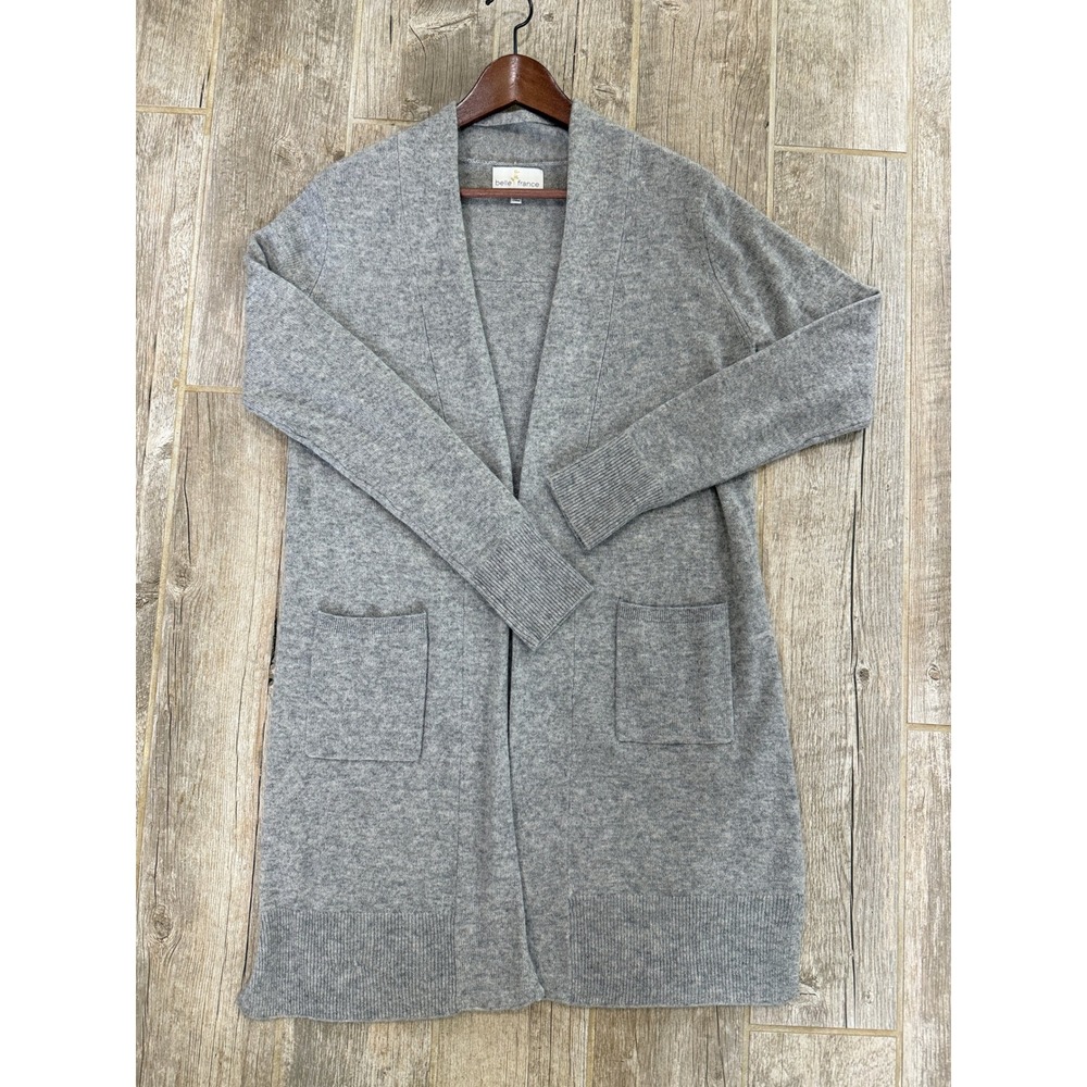 Belle France Cashmere Cardigan Womens Medium Gray Excellent Longline Open Front